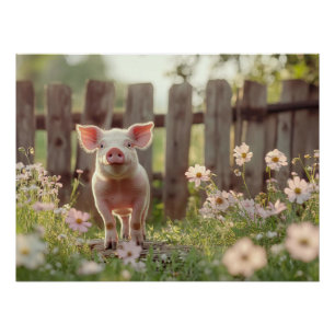 Poster Cochon mignon dans le jardin fleuri