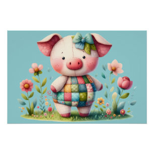 Poster Cochon Patchwork Fantaisiste dans un Jardin Floral
