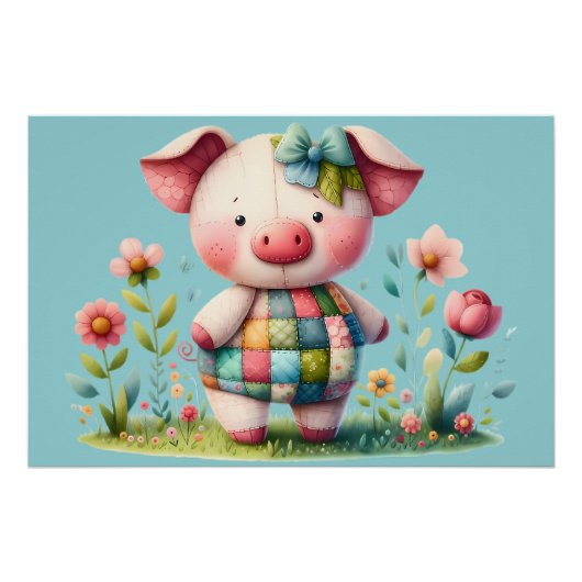 Poster Cochon Patchwork Fantaisiste dans un Jardin Floral (Devant)