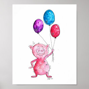 Poster Cochon rose géant avec ballons