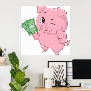 Poster Cochon Rose Tenant de l'Argent Faisant un Pouce en