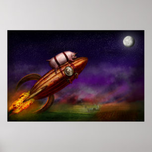 Poster Cochon Volant - Fusée - Vers la lune ou rien