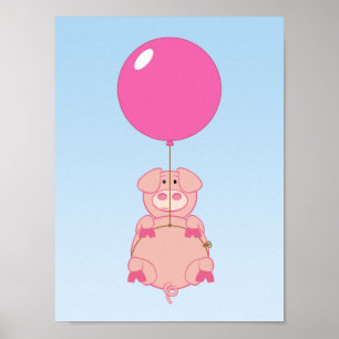Poster Cochon volant mignon et ballon