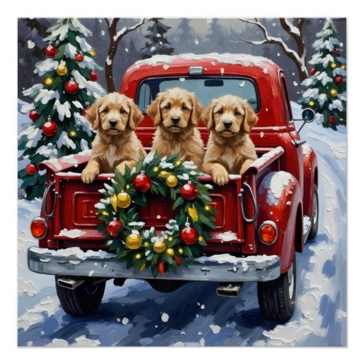 Poster Cockapoo camion rouge de Noël vacances (Devant)