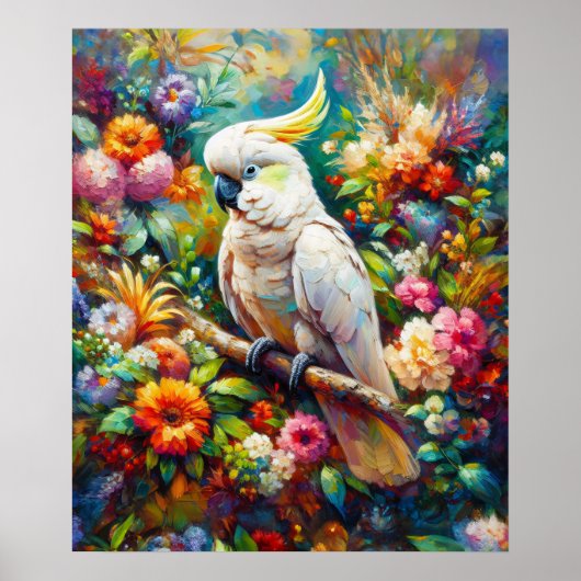 Poster Cockatoo aux fleurs colorées (Devant)