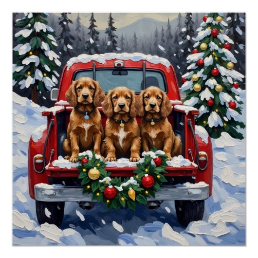 Poster Cocker Spaniel Noël Camion Rouge Fêtes (Devant)