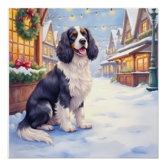 Poster Cocker Spaniel Snowy Village Christmas Art (Devant)