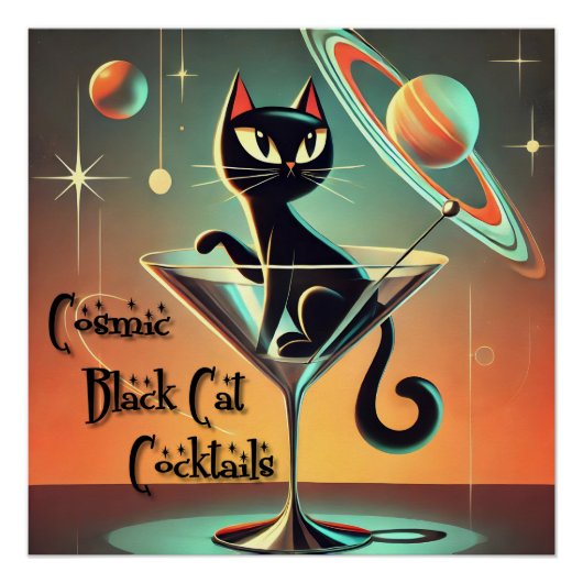 Poster Cocktails de chat noir cosmique futuriste atomique (Devant)
