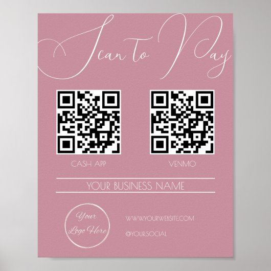 Poster Code QR 2 rose élégant féminin scan pour payer (Devant)