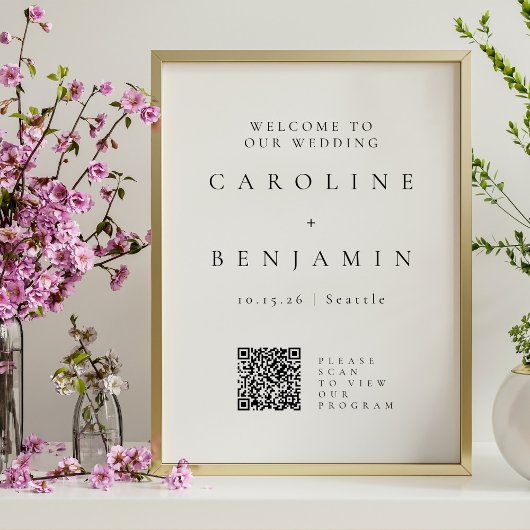 Poster Code QR de programme de mariage minimaliste noir e