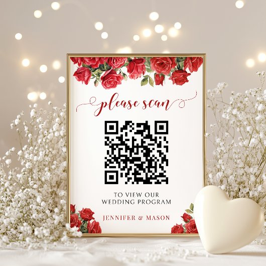Poster Code QR élégant de programme de mariage floral ros
