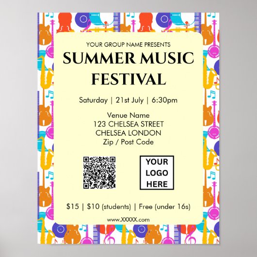 Poster Code QR et logo du festival de musique d'été (Devant)