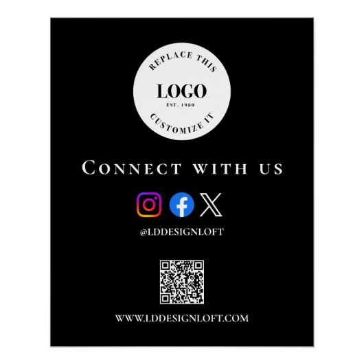 Poster Code QR social noir et blanc site web personnalisé (Devant)