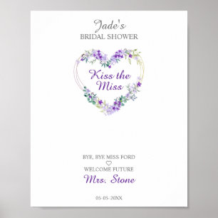 Poster Cœur à l'aquarelle florale avec feuilles en violet