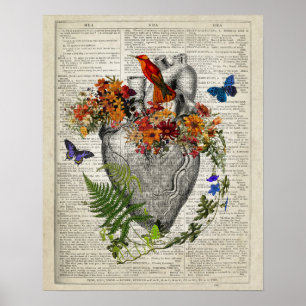 Poster Coeur anatomique avec fleurs et colibri