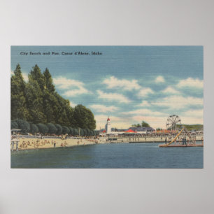 Poster Coeur d'Alene, ID - Vue de City Beach & Pier