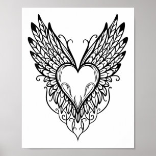 Poster Coeur de Jour Valentines Avec Ailes Tatouage Style