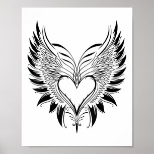 Poster Coeur de Jour Valentines Avec Ailes Tatouage Style