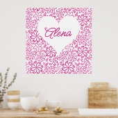 Poster Coeur floral en blanc rose avec nom (Cuisine)