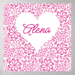 Poster Coeur floral en blanc rose avec nom