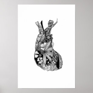 Poster Coeur floral noir et blanc