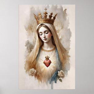 Poster Cœur Immaculé de Marie Aquarelle Minimaliste