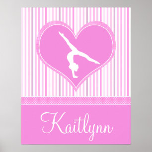 Poster Coeur rose avec rayures blanches et gymnaste à poi