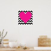Poster Coeur rose profond sur Zigzag noir et blanc (Cuisine)