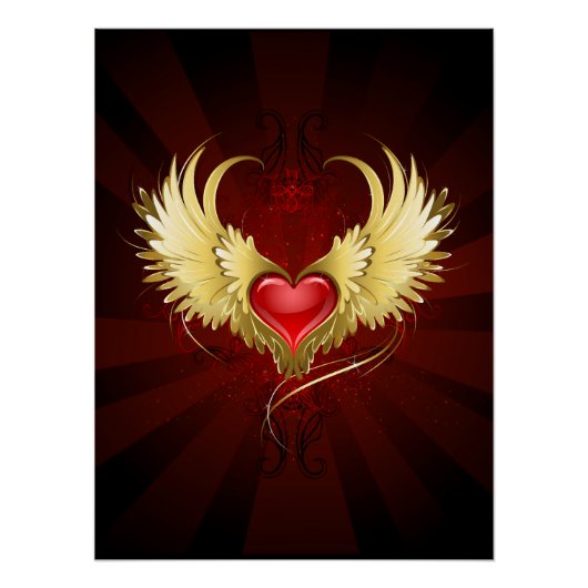 Poster Coeur rouge avec ailes d'or (Devant)