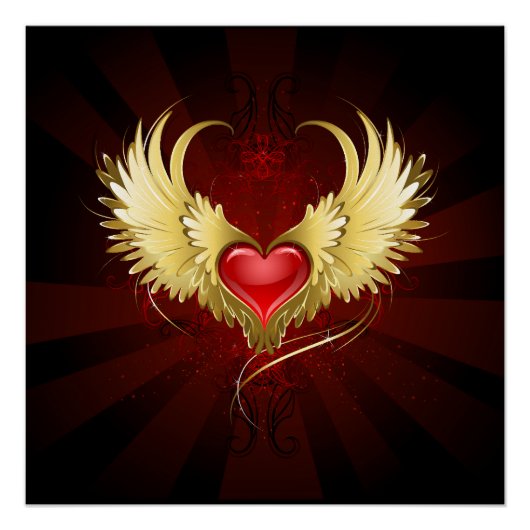 Poster Coeur rouge avec ailes d'or (Devant)