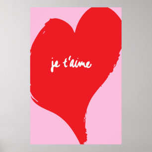 Poster Coeur rouge avec je t’aime-text sur arrière - plan