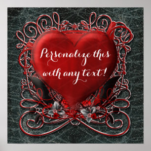 Poster Cœur Rouge & Roses Gothique Saint-Valentin Mariage