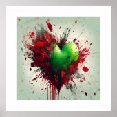 Poster Coeur Vert Vibrant Avec Pétales Rouges Éparpillés (Devant)