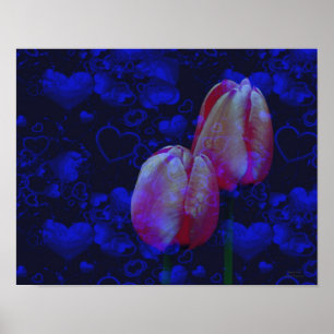 Poster Coeurs Bleus Électriques Et Tulipes Roses Art Flor