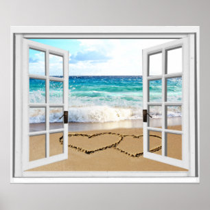 Poster Cœurs dans le sable Fausse vue de plage Fenêtre