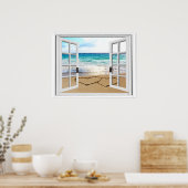 Poster Coeurs Dans Sand Faux Vue Plage (Cuisine)