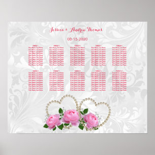 Poster Cœurs de perle et roses Mariage damassé