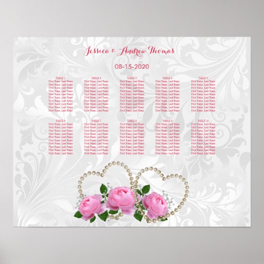 Poster Cœurs de perle et roses Mariage damassé (Devant)