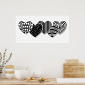 Poster Coeurs décoratifs noirs et blancs (Cuisine)