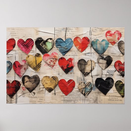 Poster Coeurs divers avec collage de textures de papier (Devant)