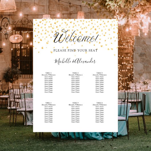 Poster Coeurs d'or blanc mariage moderne 6 places