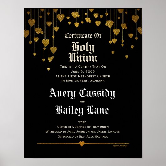 Poster Coeurs d'or, texte blanc, certificat de Mariage no (Devant)