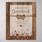 Poster Cœurs en bois monogrammes avec fleurs sauvages (Devant)
