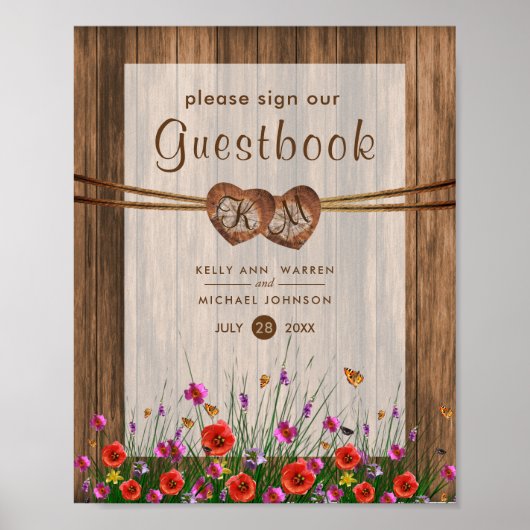 Poster Cœurs en bois monogrammes avec fleurs sauvages (Devant)