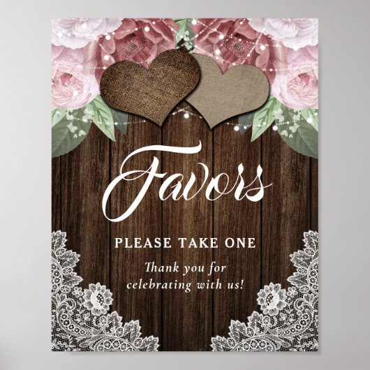 Poster Cœurs en bois rustique Faveur de mariage floral ro (Devant)