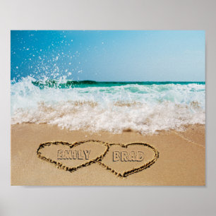 Poster Cœurs et noms dans le sable Photo personnalisée