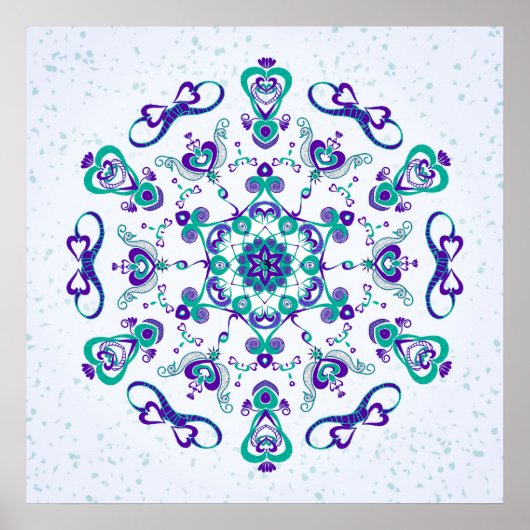Poster Coeurs et oiseaux turquoise et violette Imprimer (Devant)