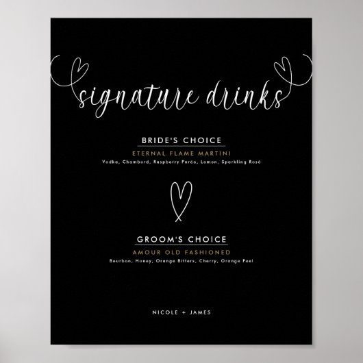 Poster Coeurs modernes Noir Blanc Mariage Signature Boiss (Devant)