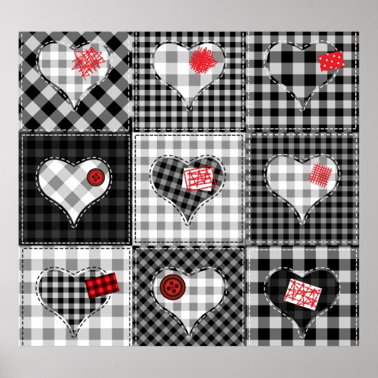Poster Coeurs Noir Blanc Patchwork Sans Couleur. (Devant)