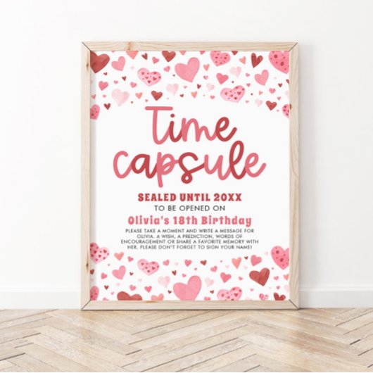 Poster Coeurs roses Valentine 1er Anniversaire heure Caps